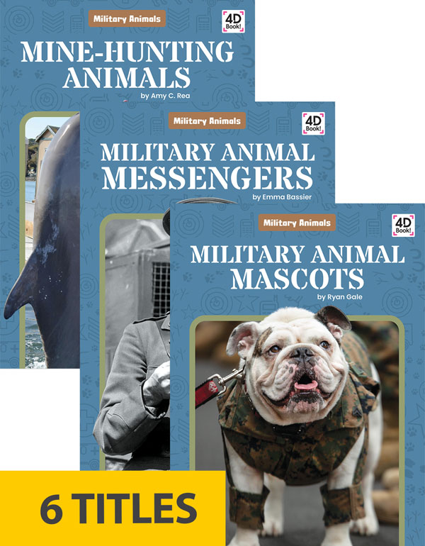 This engaging series shows readers the many tasks that animals perform in and for militaries around the world. Each book has four easy-to-read chapters that offer a glimpse into the history of animals in the military, the jobs of military animals, and the equipment and training they require. Features include a table of contents, fun facts, an infographic, a timeline, Making Connections questions, a glossary, an index, and QR Codes that link to book-specific online resources. Aligned to Common Core Standards and correlated to state standards.