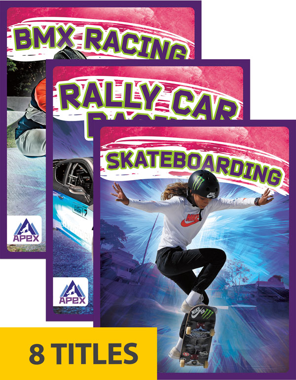 High speeds, huge air, and incredible stunts are features of many extreme sports. This action-packed series highlights eight of these sports, including their history and growth, rules and events, and the equipment athletes need. Short paragraphs of easy-to-read text are paired with plenty of colorful photos to make reading engaging and accessible. Each book also includes a table of contents, fun facts, sidebars, comprehension questions, a glossary, an index, and a list of resources for further reading. Apex books have low reading levels (grades 2-3) but are designed for older students, with interest levels of grades 3-7.