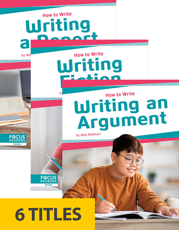 Writing is an essential skill that enables people to inform, persuade, tell stories, and express themselves. This informative series helps readers understand the basics of six different forms of writing. Each book also features a “Write Like a Pro” special feature, infographic, several “Did You Know?” facts, a table of contents, a reading comprehension quiz, a glossary, additional resources, and an index. This Focus Readers series is at the Beacon level, aligned to reading levels of grades 2–3 and interest levels of grades 3–5.